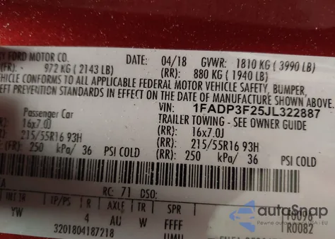 2018 Ford Focus Se from USA, damaged, VIN 1FADP3F25JL322887